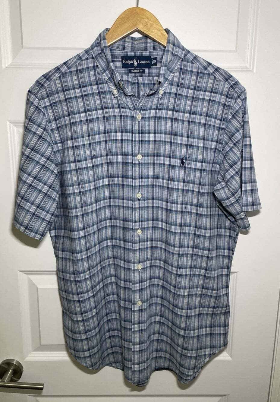 Ralph Lauren Polo Logo Classic Fit Mens M Short Sleeve Blue Plaid Button Down